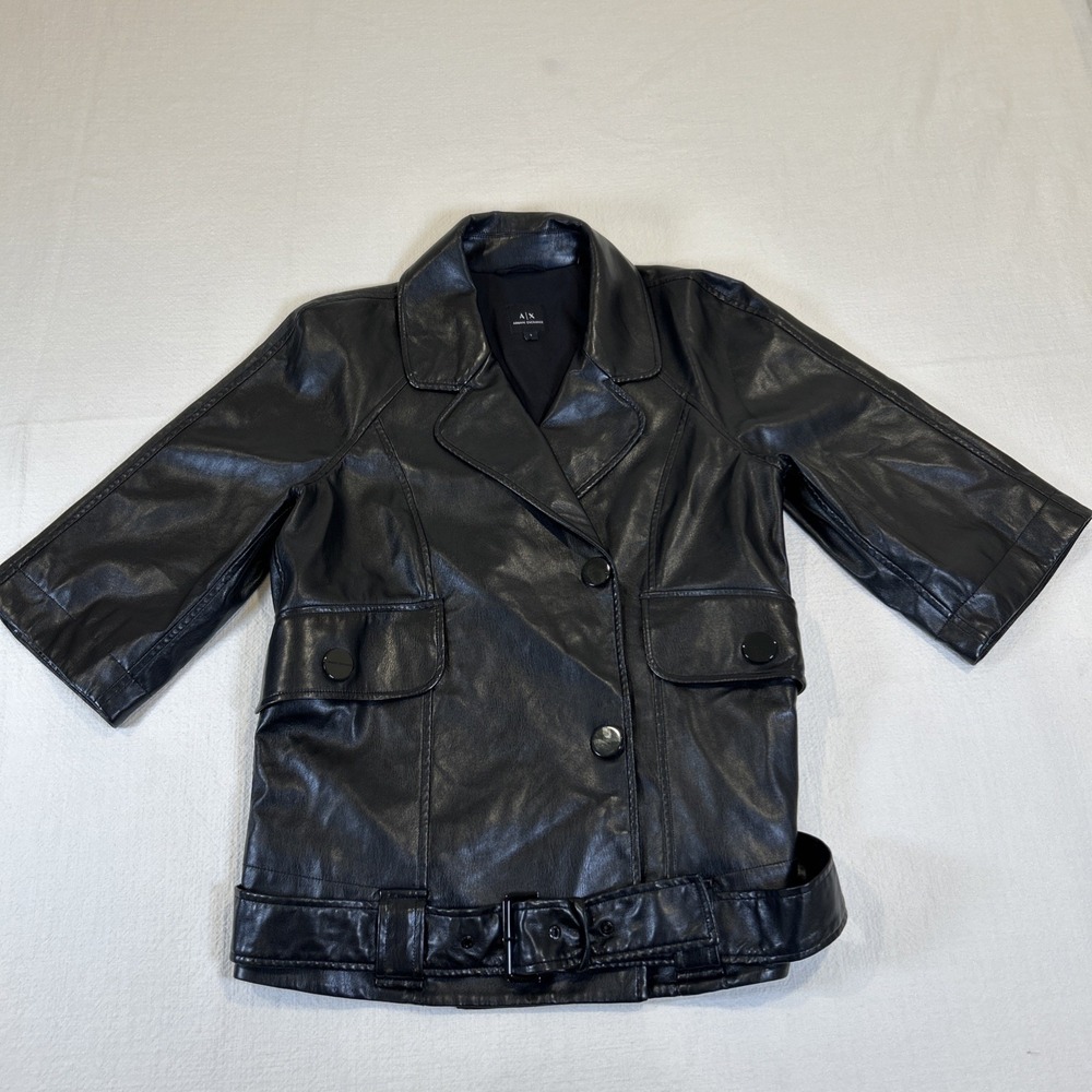 Armani Exchange Women's Faux Leather Biker Motorcycle Button Belt Jacket Small - Picture 3 of 11